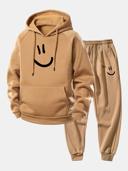 Men’s Loose Fit Hoodie Tracksuit – Printed Polyester Set with Tapered Joggers