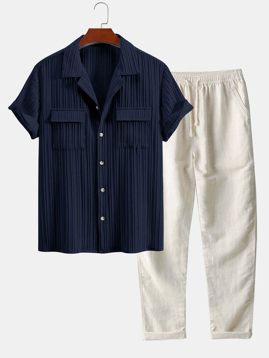 Men’s Textured Cuban Collar Shirt and Linen Blend Trouser Co-Ord for Summer Smart Casual Wear
