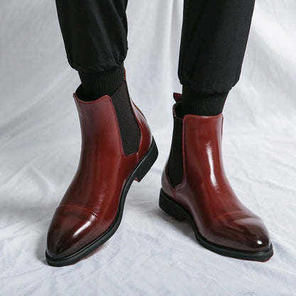 Men’s Polished Chelsea Boots – Pointed-Toe Ankle Design with Elastic Side Panels and Low Heel