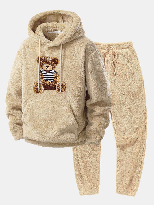 Men’s Plush Teddy Fleece Tracksuit – Relaxed Hoodie and Joggers for Winter Lounging