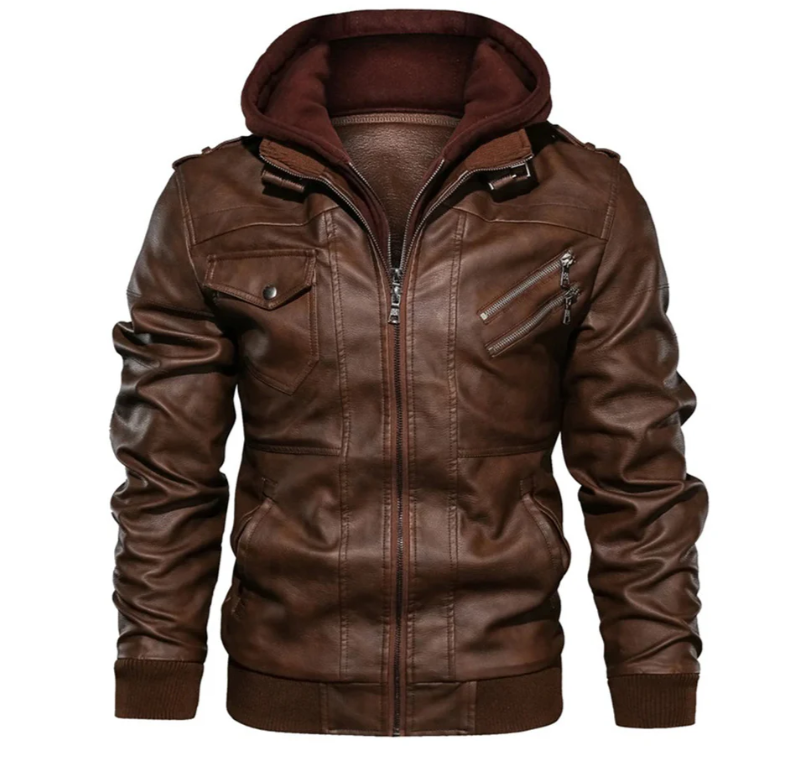Men’s Hooded Leather Utility Jacket – Multi-Pocket Layer for Everyday Wear