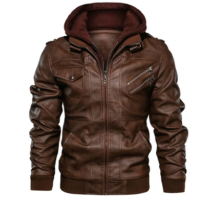 Men’s Hooded Leather Utility Jacket – Multi-Pocket Layer for Everyday Wear