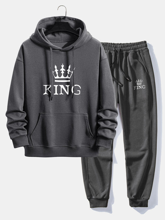 Men’s Printed Relaxed Tracksuit – Cotton Blend Hoodie Set for Streetwear and Travel