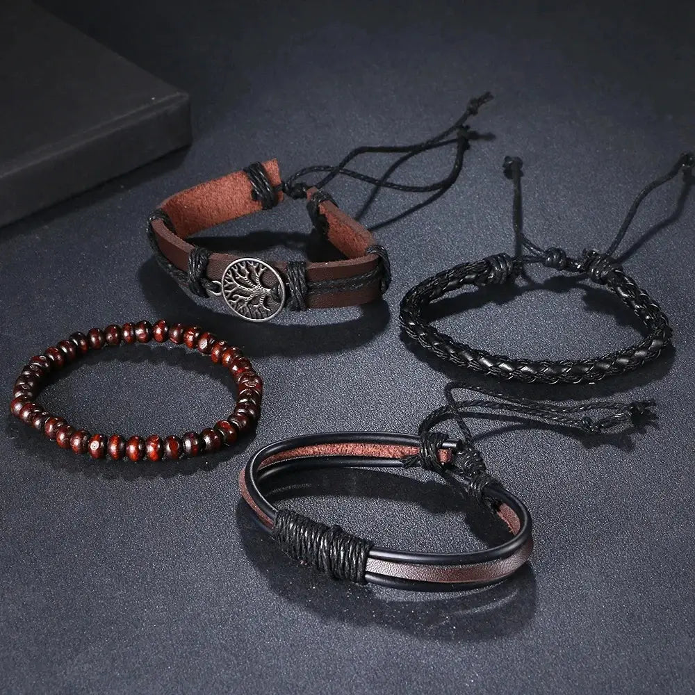 Men’s Braided Leather Wrap Bracelet Set – Layered Beaded Wristwear for Everyday Styling