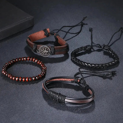 Men’s Braided Leather Wrap Bracelet Set – Layered Beaded Wristwear for Everyday Styling