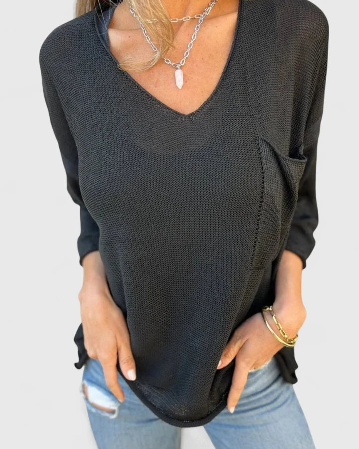 Women’s Knitted Jumper – Deep V-Neck Fine-Knit Jumper with Chest Pocket