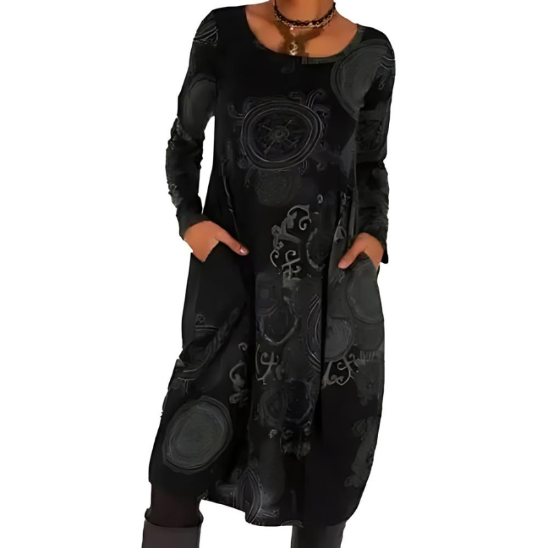 Women’s Midi Dress – All-Over Print with Patch Pockets and Long Sleeves