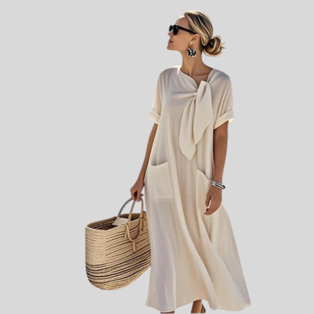 Women’s Relaxed Tie-Neck Midi Dress – Pocket Summer Day Dress for Travel and Casual Wear