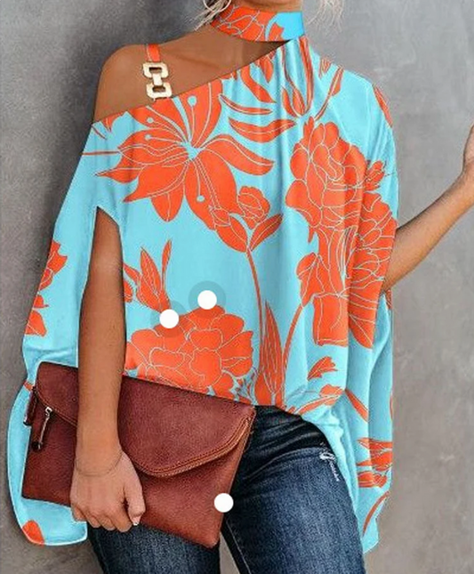Women’s Asymmetric Choker Top – Printed Draped Blouse for Parties and City Wear