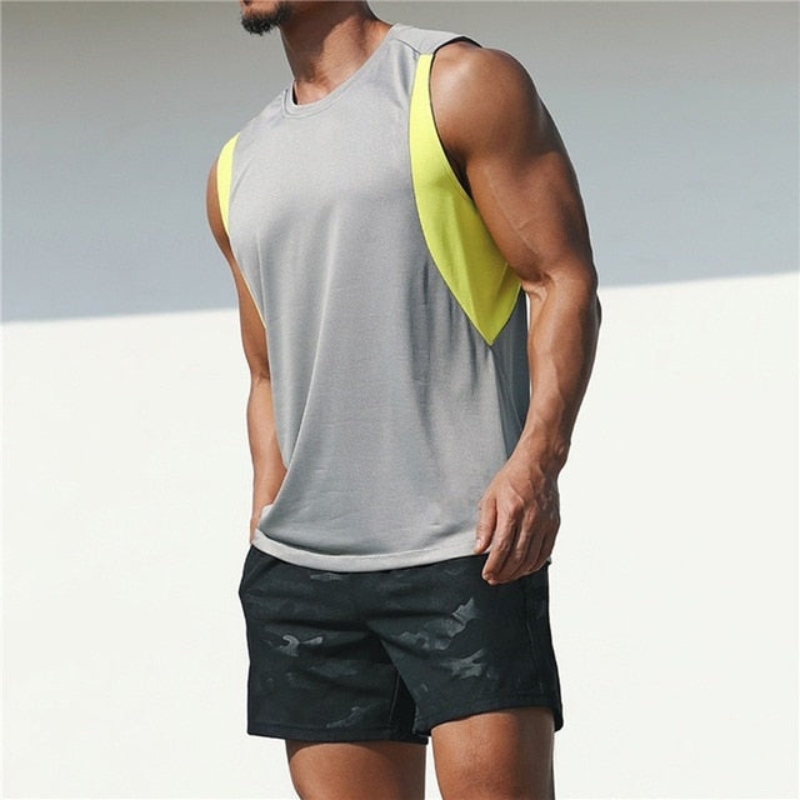 Men’s Colour-Block Sleeveless Sports Top – Relaxed Crew-Neck Training Tank with Wide Armholes