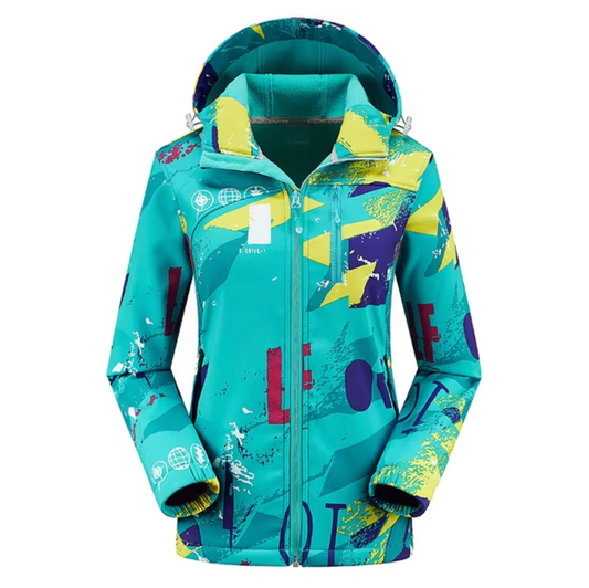 Women’s Printed Hooded Softshell Jacket – Thermal Windproof Outdoor Layer with Waterproof Protection for Hiking and Winter Activities