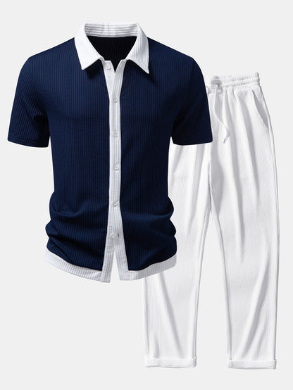 Men’s Stretch Ribbed Shirt and Straight-Leg Trouser Set for Smart Casual Wear
