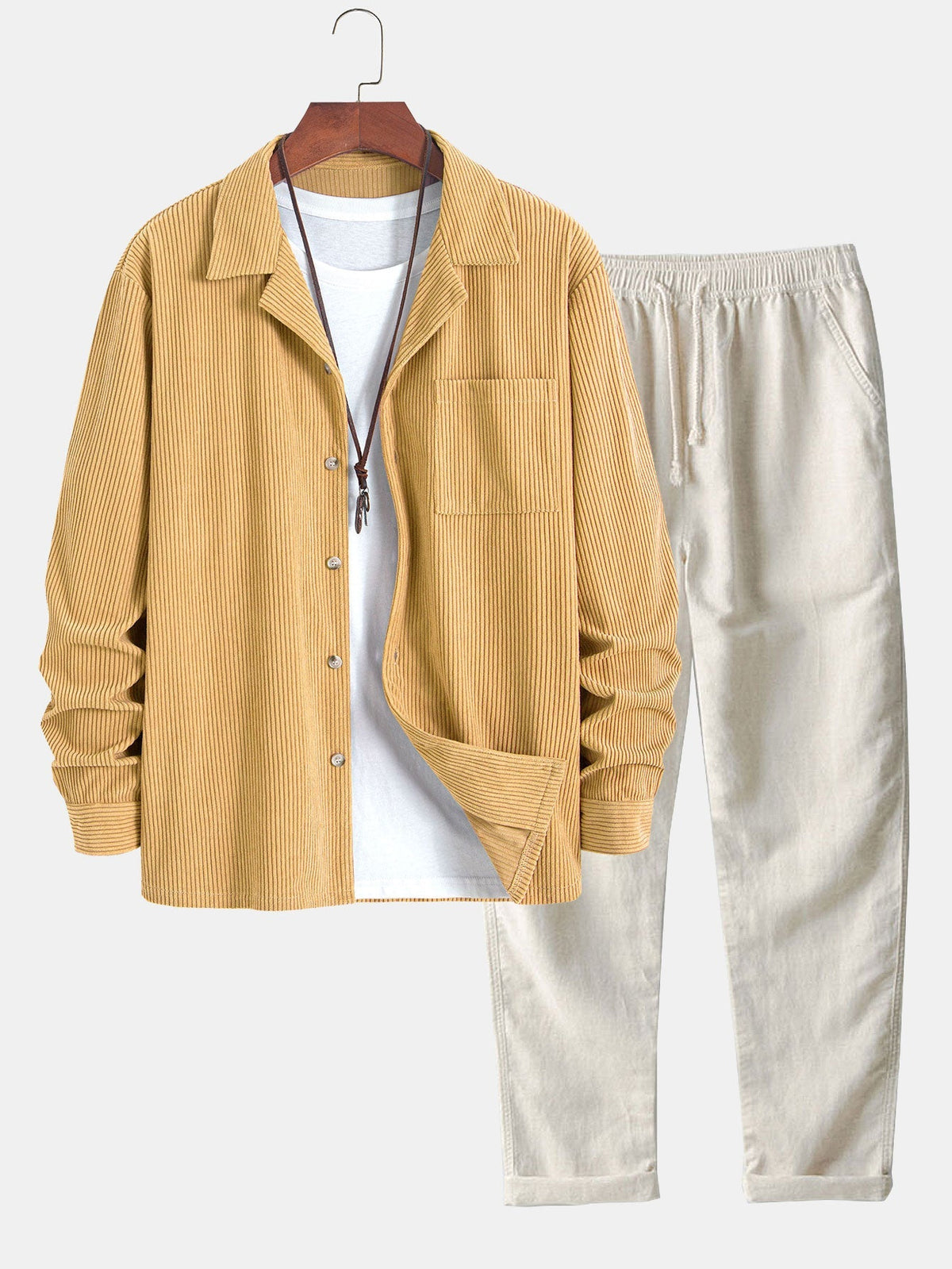 Men’s Corduroy Cuban Collar Shirt and Linen Blend Trousers – Relaxed Transitional Outfit