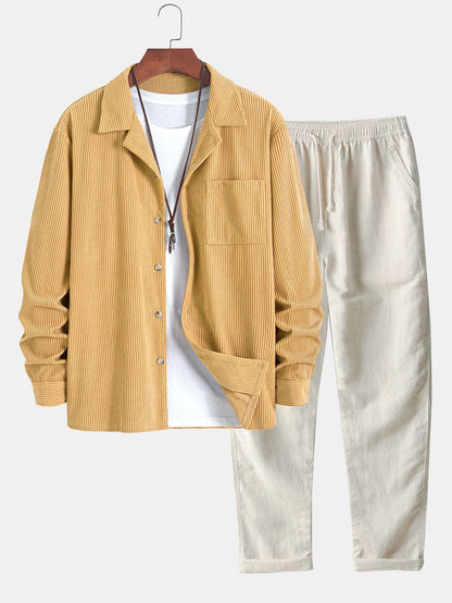 Men’s Corduroy Cuban Collar Shirt and Linen Blend Trousers – Relaxed Transitional Outfit