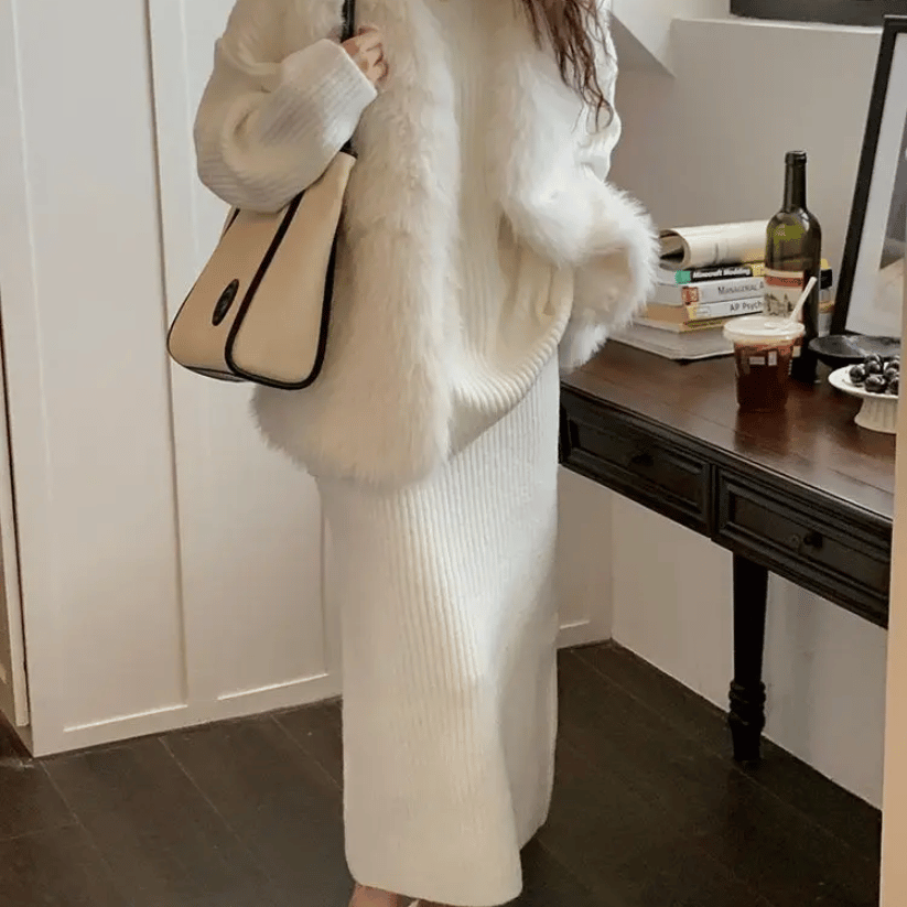 Women’s Oversized Sweater and Midi Skirt Set – Ribbed Knit Co-Ord for Autumn and Winter