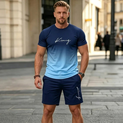 Men’s Two-Piece Summer Set – Short-Sleeve T-Shirt and Drawstring Shorts with Gradient Design