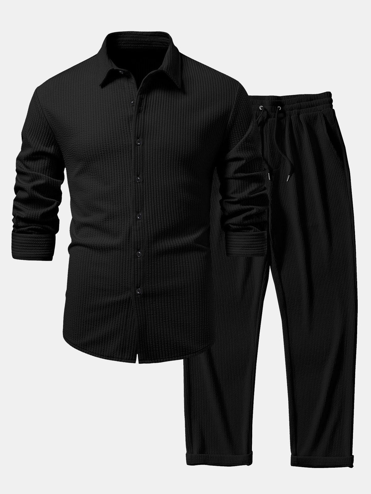 Men’s Ribbed Muscle-Fit Shirt and Straight Trousers – Stretch Smart Casual Set