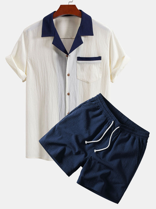 Men’s Crinkle Cuban Collar Co-Ord – Lightweight Shirt and Drawstring Shorts