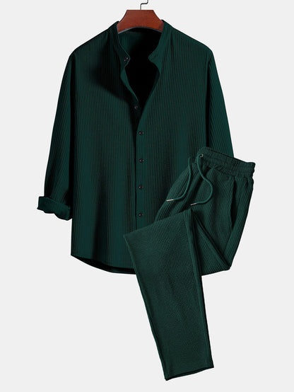 Men’s Ribbed Stand Collar Shirt and Straight-Leg Trousers – Stretch Smart Casual Co-Ord