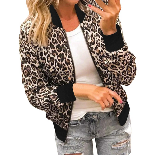 Women’s Leopard Print Bomber Jacket – Lightweight Zip-Front Layer with Ribbed Trim for Casual Streetwear Styling
