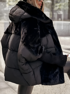 Women’s Oversized Quilted Jacket – Faux Fur Hood with Ribbed Cuffs