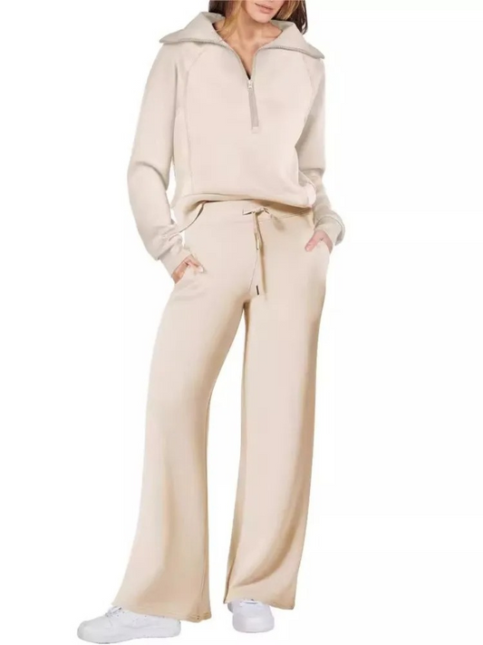Women’s Half-Zip Leisure Co-Ord – Collared Pullover with Drawstring Wide-Leg Trousers for Casual Wear