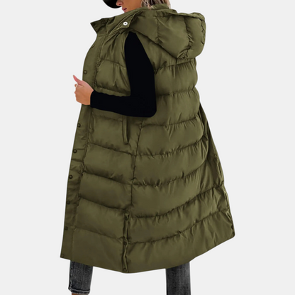 Women’s Longline Quilted Gilet – Hooded Sleeveless Padded Coat