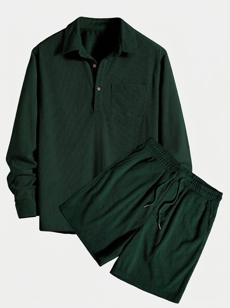 Men’s Corduroy Long-Sleeve Shirt and Shorts Set – Textured Transitional Casualwear