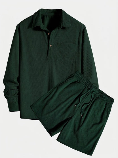 Men’s Corduroy Long-Sleeve Shirt and Shorts Set – Textured Transitional Casualwear