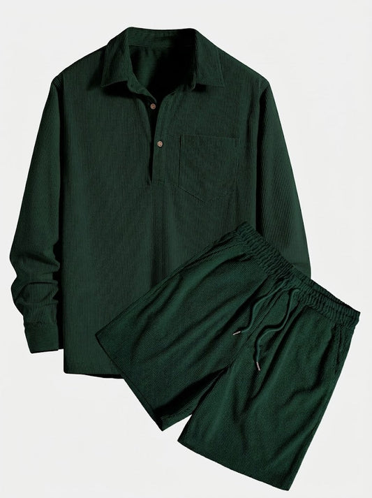 Men’s Corduroy Long-Sleeve Shirt and Shorts Set – Textured Transitional Casualwear