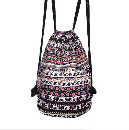 Women’s Printed Canvas Drawstring Backpack – Bohemian Pattern Bag with Rope Shoulder Straps