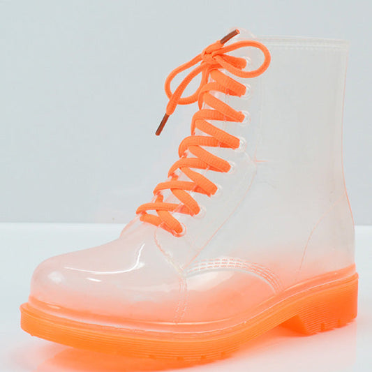 Women’s Transparent Lace-Up Rain Boots – Waterproof PVC Ankle Boots with Non-Slip Sole