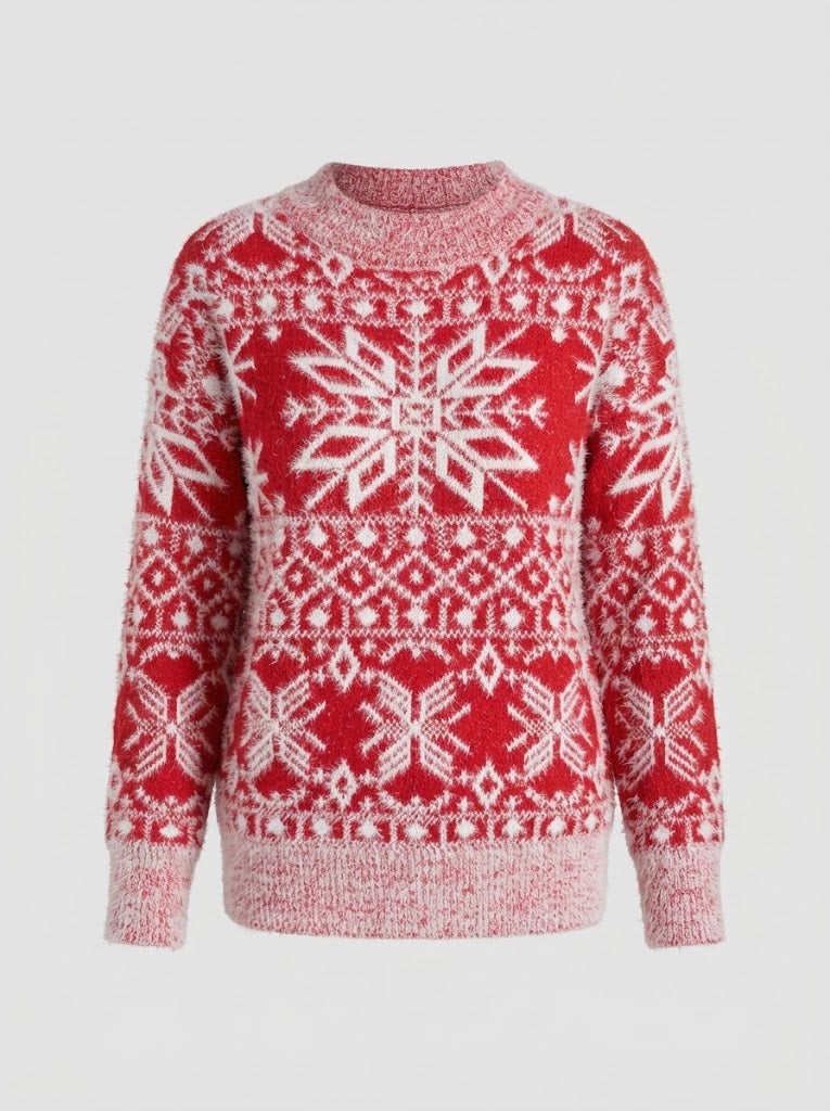 Women’s Nordic Snowflake Knit Sweater – Festive Crew-Neck Pullover for Winter Days