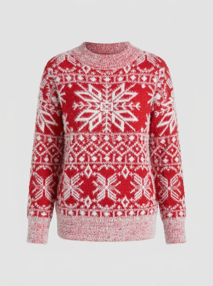 Women’s Nordic Snowflake Knit Sweater – Festive Crew-Neck Pullover for Winter Days