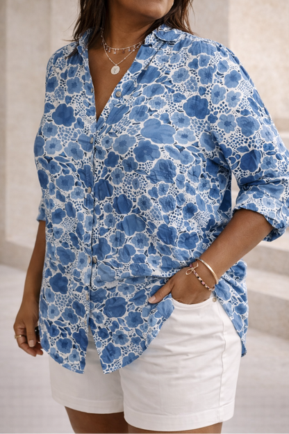 Women’s Shirt Blouse – Coral Print Shirt with Roll-Up Sleeves