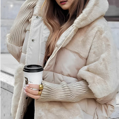 Women’s Faux Fur Panel Puffer Jacket – Plush Hooded Winter Layer for City Wear