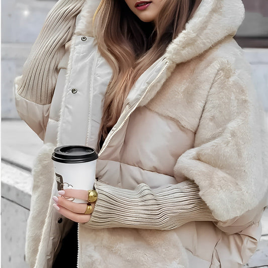 Women’s Faux Fur Panel Puffer Jacket – Plush Hooded Winter Layer for City Wear