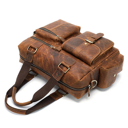 Men’s Vintage Leather Briefcase – Multi-Pocket Business Handbag with Detachable Shoulder Strap