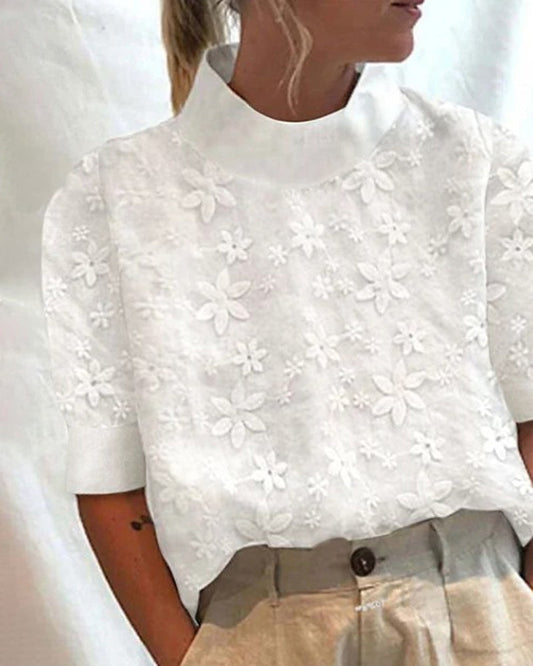 Women’s Embroidered High-Neck Blouse – Floral Short-Sleeve Style for Elegant Everyday Wear