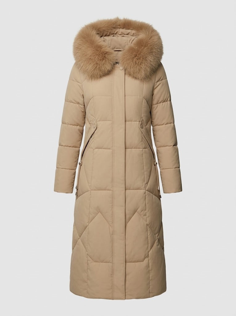 Women’s Faux-Fur Collar Puffer Coat – Shaped Longline Quilted Winter Jacket with High-Neck Protection