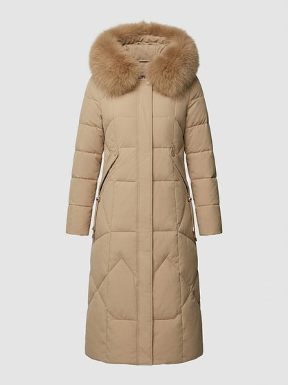 Women’s Faux-Fur Collar Puffer Coat – Shaped Longline Quilted Winter Jacket with High-Neck Protection