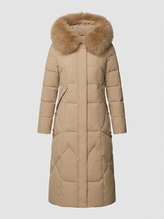 Women’s Faux-Fur Collar Puffer Coat – Shaped Longline Quilted Winter Jacket with High-Neck Protection