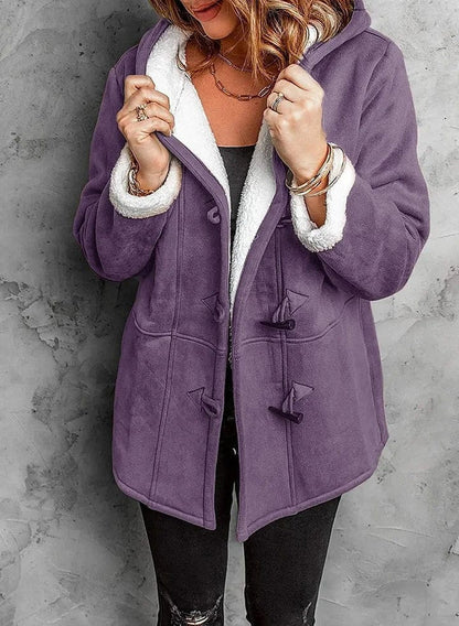 Women’s Fleece-Lined Hooded Duffle Coat – Relaxed Mid-Length Winter Outerwear with Toggle Closures and Plush Cuffs