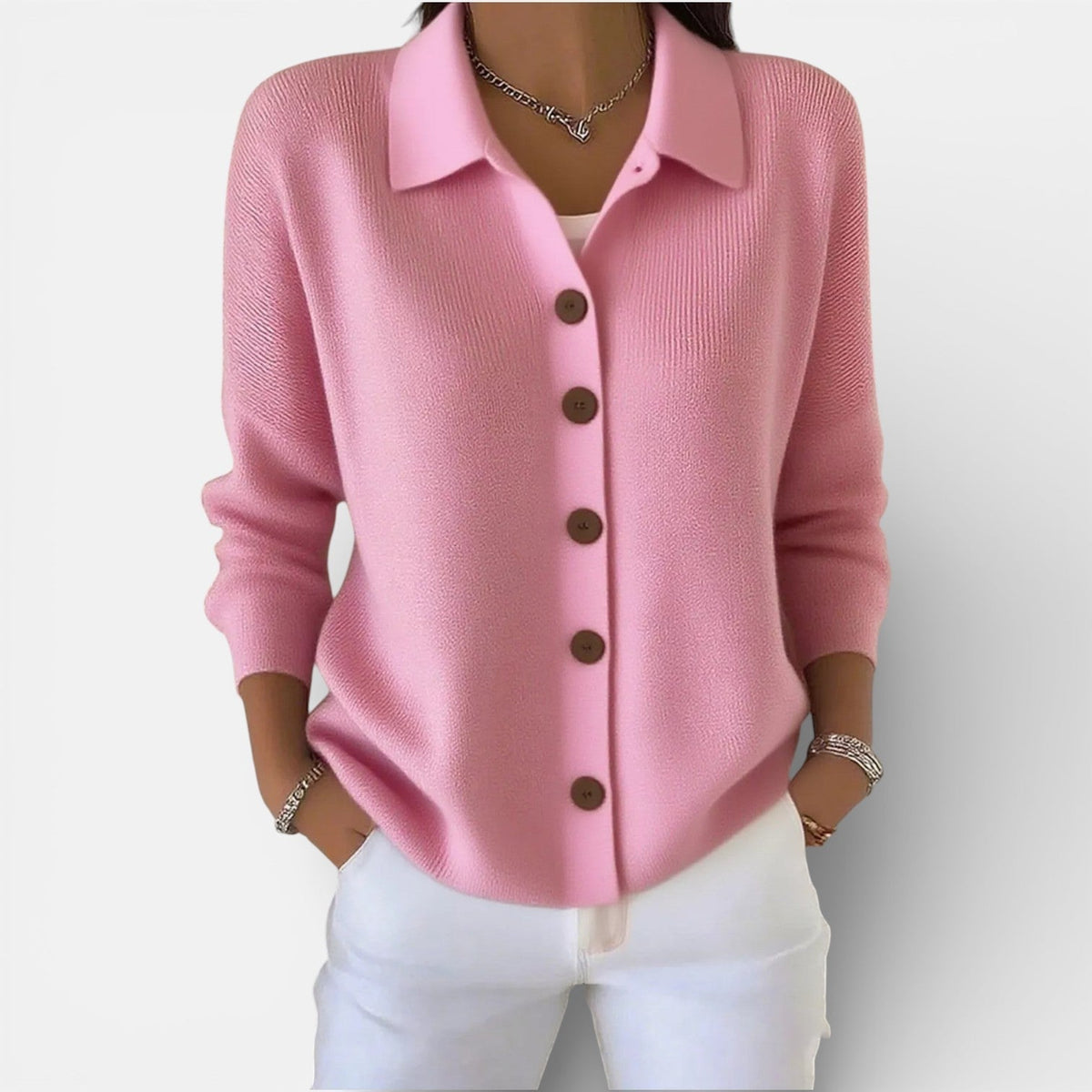 Women’s Knitted Blouse – Polo Collar Top with Full Button Placket