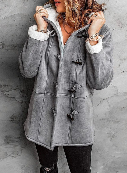 Women’s Fleece-Lined Hooded Duffle Coat – Relaxed Mid-Length Winter Outerwear with Toggle Closures and Plush Cuffs