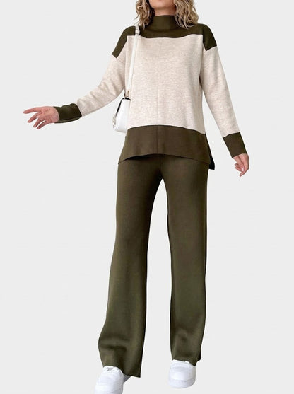 Women’s Colour-Block Knit Co-Ord Set – High-Neck Long-Sleeve Top with Wide-Leg Trousers for Casual Wear