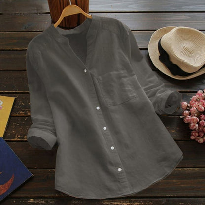 Women’s Linen Collarless Shirt – Breathable Long-Sleeve Layer for Warm Days