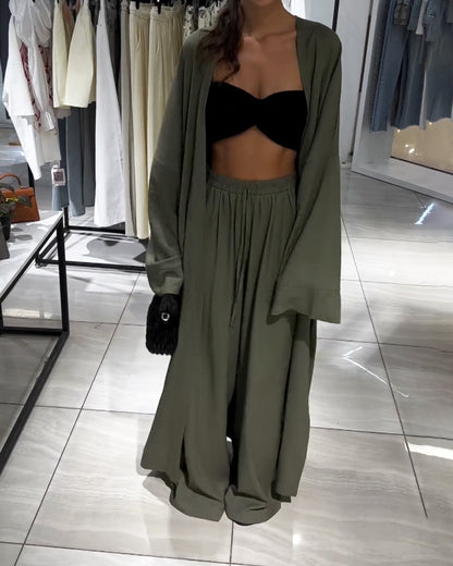 Women’s Linen Kimono Trouser Set – Longline Open-Front Layer with Relaxed Wide-Leg Trousers for Summer Wear