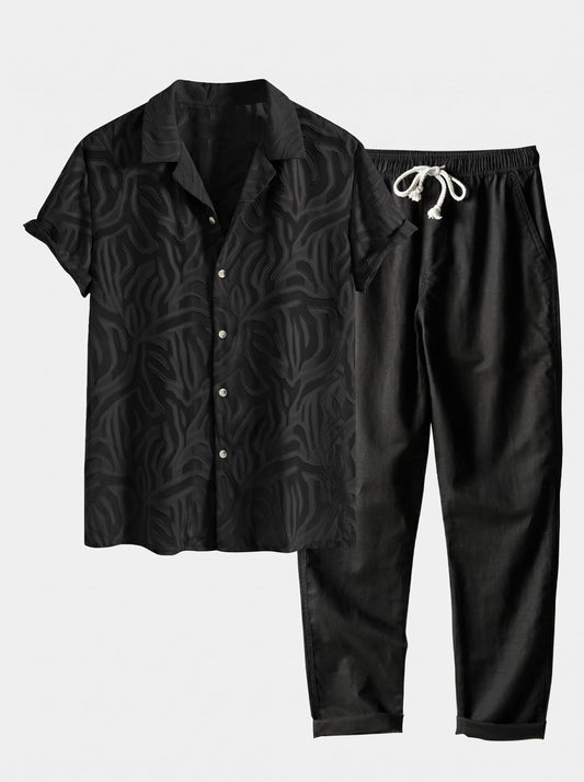 Men’s Cuban Collar Summer Co-Ord – Textured Shirt with Linen Blend Straight Trousers