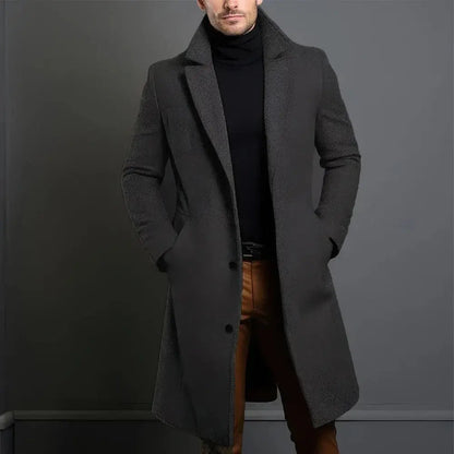 Men’s Longline Tailored Overcoat – Refined Single-Breasted Layer with Notched Lapels